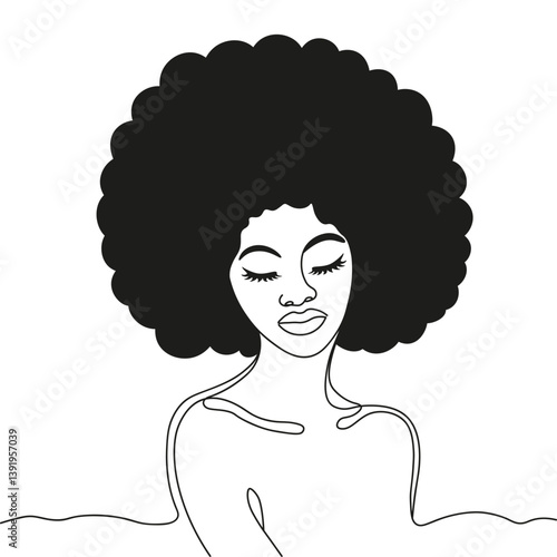 Portrait of African American woman with black lush hair and long eyelashes drawn in single line on white background. Female face of beautiful African American woman in line art style. Africa Day.