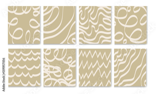  Energetic abstract line art set in neutral beige and cream tones. Swirls, zigzags, and waves bring movement and modern flair to minimalist decor.