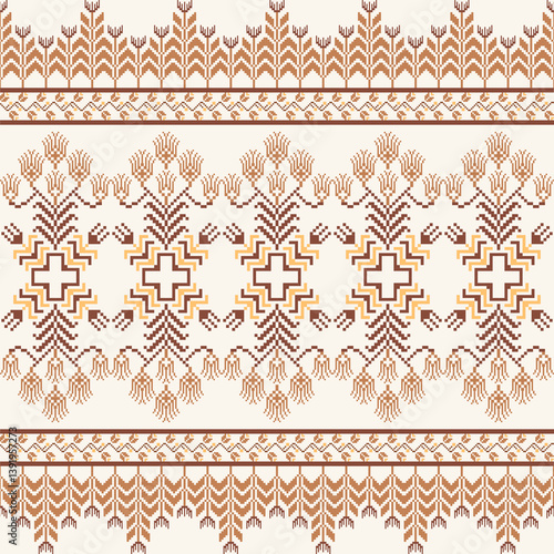 Geometric pixel art pattern. Abstract pixel art geometric pattern design for fabric, carpet, tile, clothing, embroidery, needlepoint and background. Vector pixel art seamless motif Native American.