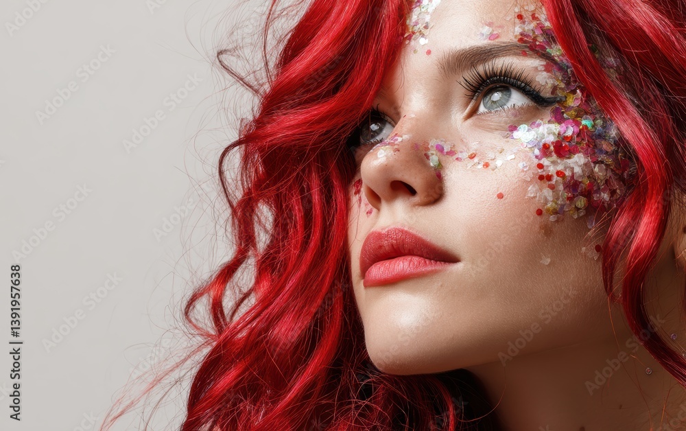 Obraz premium A bright portrait of a woman with bold red hair and glitter makeup, white background