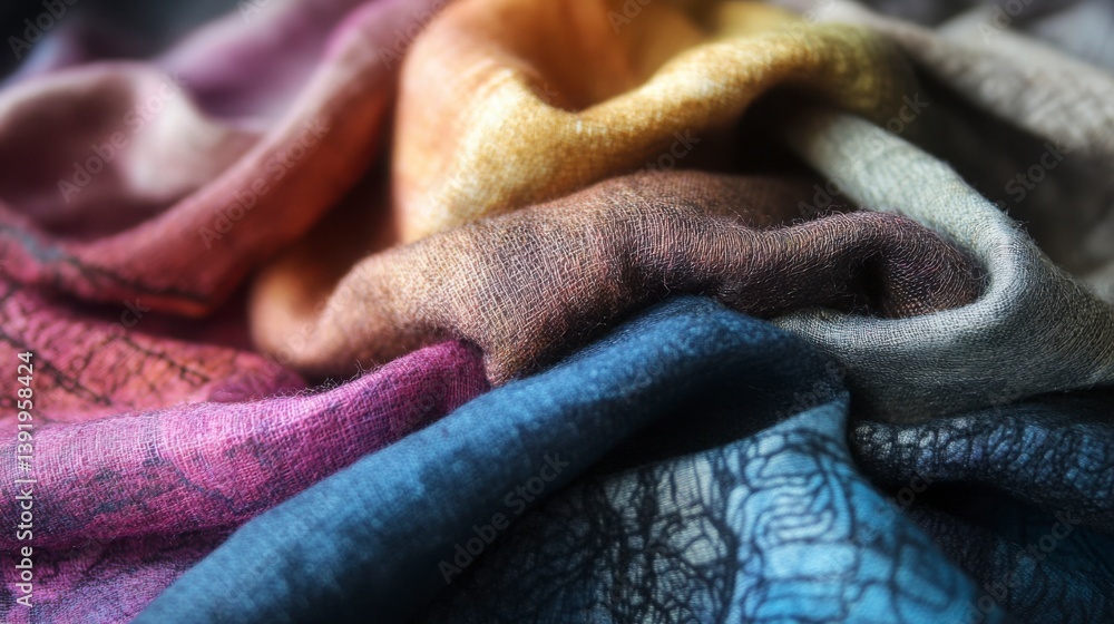 Fototapeta premium A close-up of fabric dyed with plant-based colors, showing beautiful organic textures and patterns.