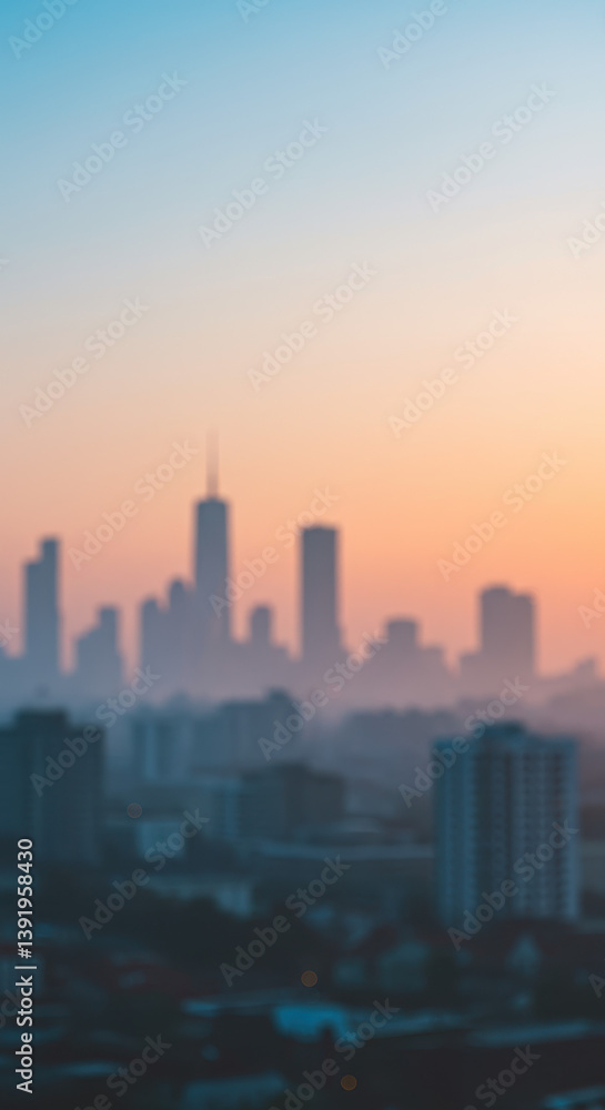 Hazy Cityscape at Dawn: Sunrise Over Metropolis Skyline, Urban Dreams & Morning Mist Hazy Cityscape at Dawn: Sunrise Over Metropolis Skyline, Urban Dreams & Morning Mist