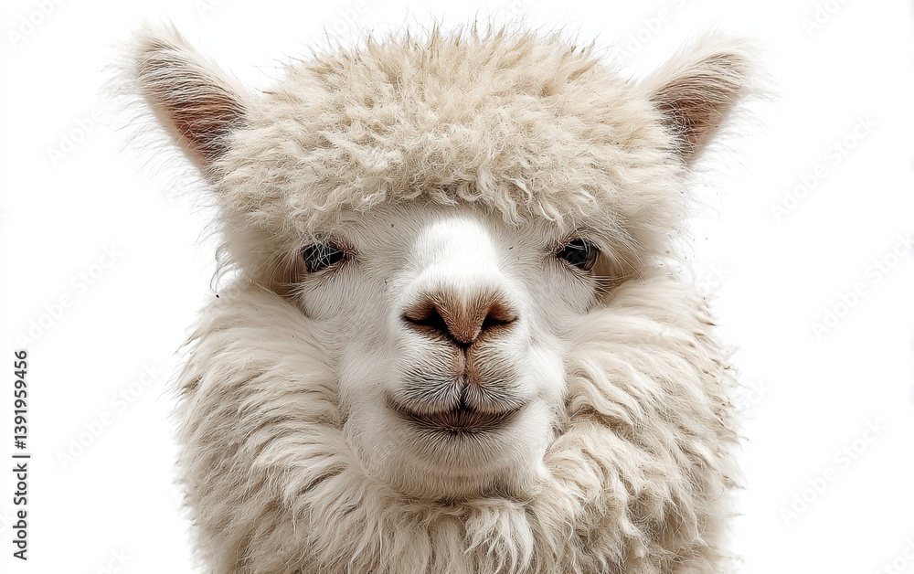 Fototapeta premium A close-up portrait of a fluffy alpaca with gentle smile, pure white background