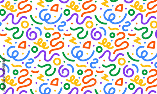 Colorful line doodle seamless background pattern. Fun and creative minimalist art background for kids. Simple childish trendy doodle backdrop.