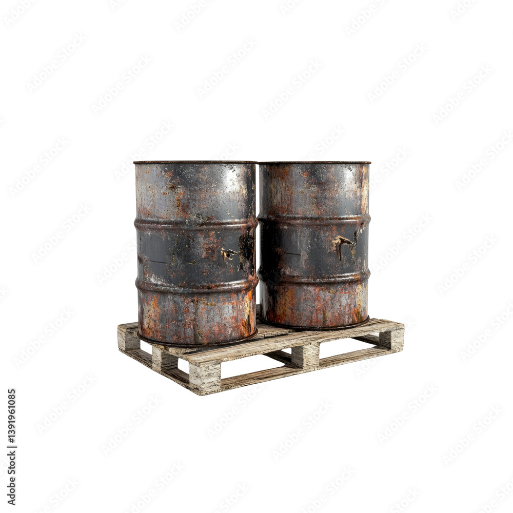 Two Rusty Metal Barrels on a Wooden Pallet Two Rusty Metal Barrels on a Wooden Pallet