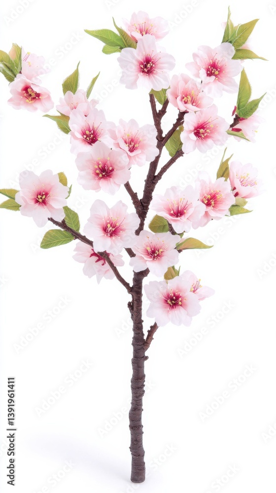 Obraz premium A delicate artificial cherry blossom branch with light pink flowers and vibrant green leaves, perfect for sp decorations or floral arrangements, stands isolated on a white