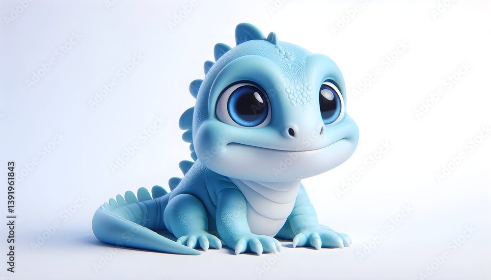 A sweet blue iguana baby rendered in 3D with round eyes and tiny spikes sitting calmly on a white background A sweet blue iguana baby rendered in 3D with round eyes and tiny spikes sitting calmly on a white background