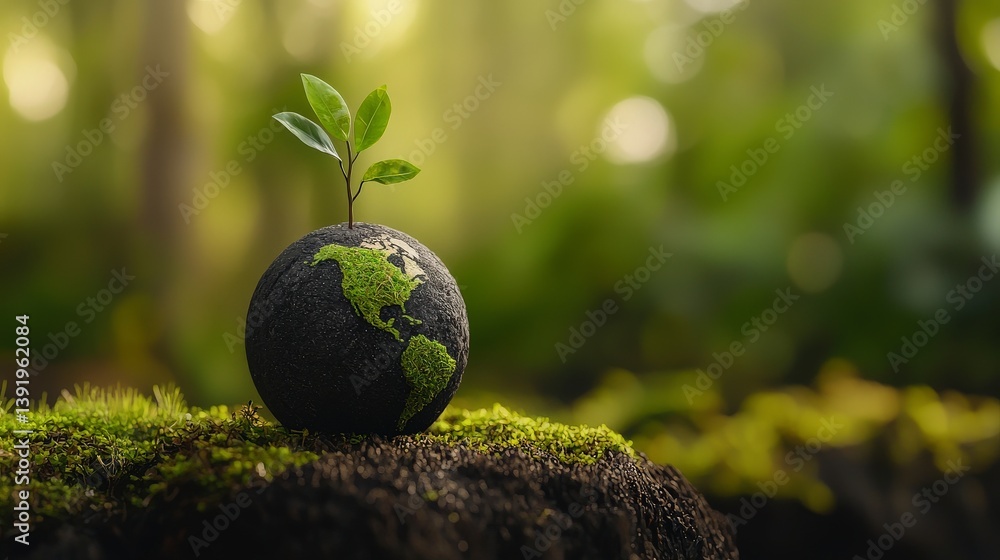 Green Earth Model with Plant Emerging from Stone in Lush Forest Environment for Environmental Conservation Green Earth Model with Plant Emerging from Stone in Lush Forest Environment for Environmental Conservation