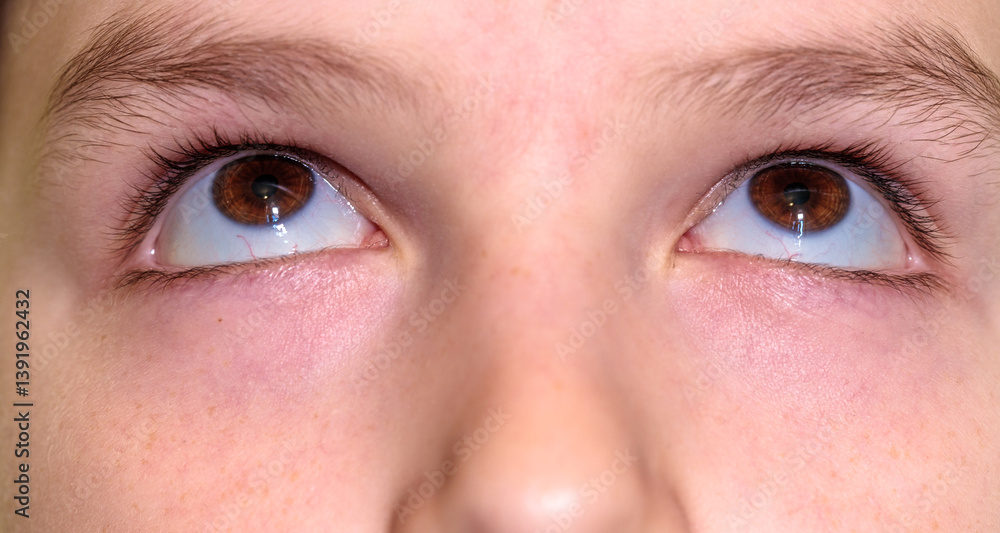 Fototapeta premium boy looking up with eyes. close-up part of face