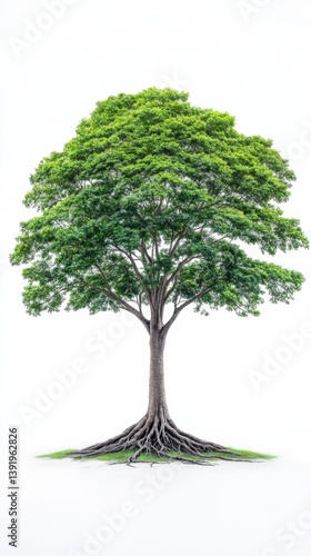 A majestic giant rainforest Ceiba tree stands tall and proud with its extensive root system visible against a clean white background showcasing its lush green canopy.