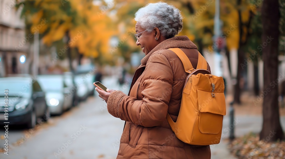 Older woman using smartphone while walking in autumn city street surrounded by colorful leaves. Generative AI Older woman using smartphone while walking in autumn city street surrounded by colorful leaves. Generative AI