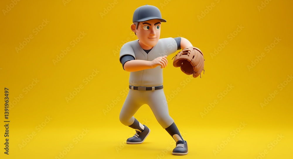 Cartoon baseball player ready to catch vibrant yellow background. AI Generated Cartoon baseball player ready to catch vibrant yellow background. AI Generated