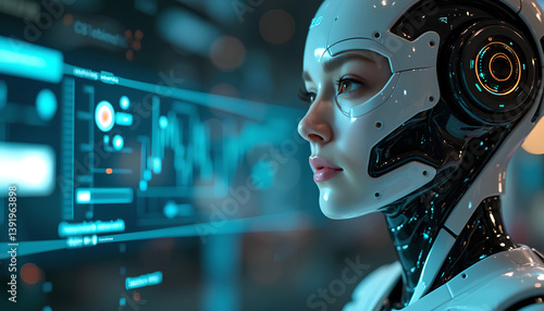 Young Woman with Cybernetic Enhancements in Neon Cityscape, Generative AI