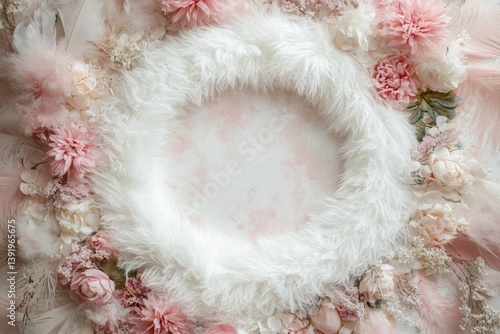 A fluffy white and floral arrangement creates a circular background