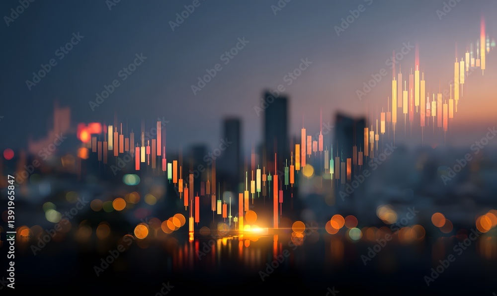 Glowing forex candlestick chart overlaid on a blurry cityscape, Generative AI Glowing forex candlestick chart overlaid on a blurry cityscape, Generative AI