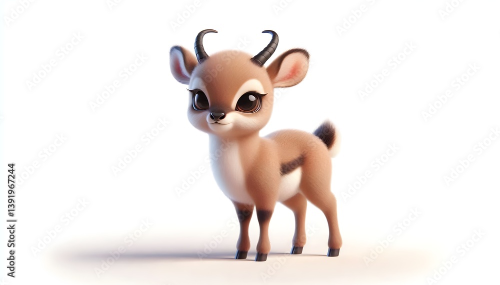 A soft 3D-style baby hirola antelope with big eyes and shy pose isolated on white A soft 3D-style baby hirola antelope with big eyes and shy pose isolated on white