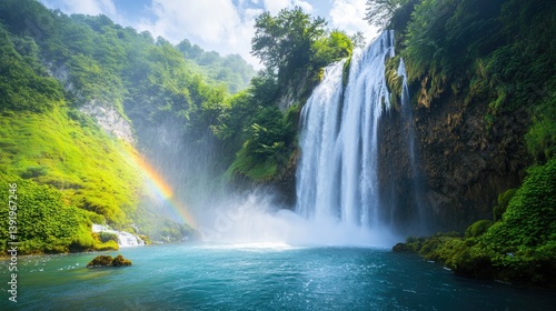 Majestic Waterfall Cascading into Turquoise Pool Under a Cloudy Skyline