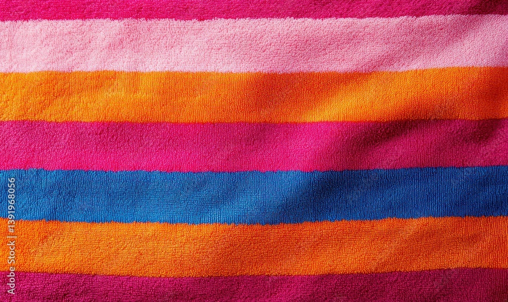 Fototapeta premium A bright and colorful striped beach towel in shades of pink, orange, and blue creates a summery feel.