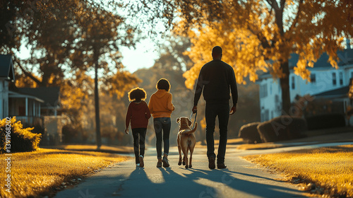 Family walks their dog down a tree-lined street during autumn in the late afternoon golden light
