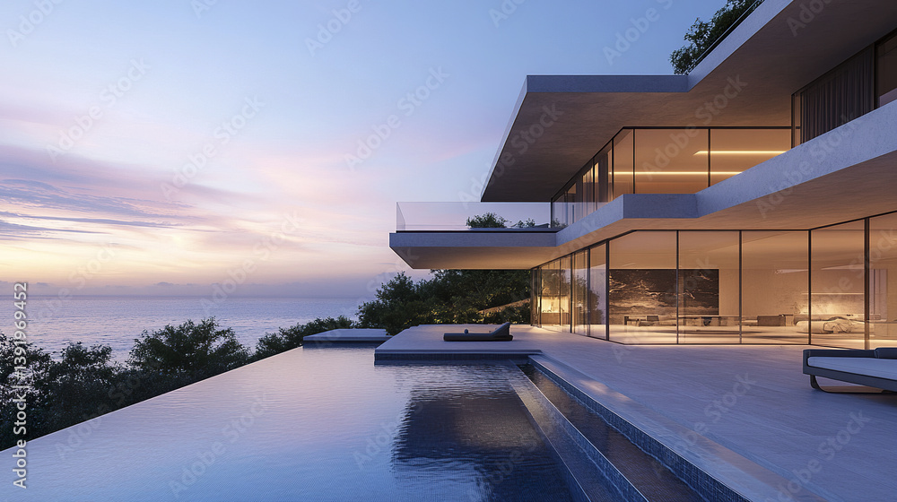 Obraz premium Modern villa with floating steps and infinity pool at sunset
