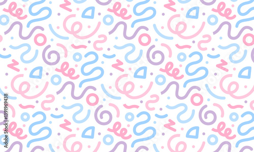 Colorful line doodle seamless background pattern. Fun and creative minimalist art background for kids. Simple childish trendy doodle backdrop.