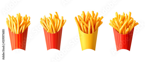 Pack of Fast Food French Fries set of Five Poses set Against Transparent Background for Food Delivery Branding, Restaurant Design, or Snack Packaging Projects