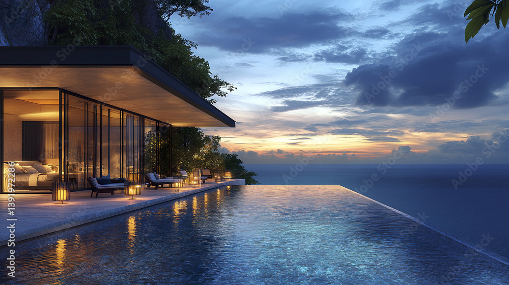 luxurious hilltop resort with infinity pool and ocean view at sunset luxurious hilltop resort with infinity pool and ocean view at sunset