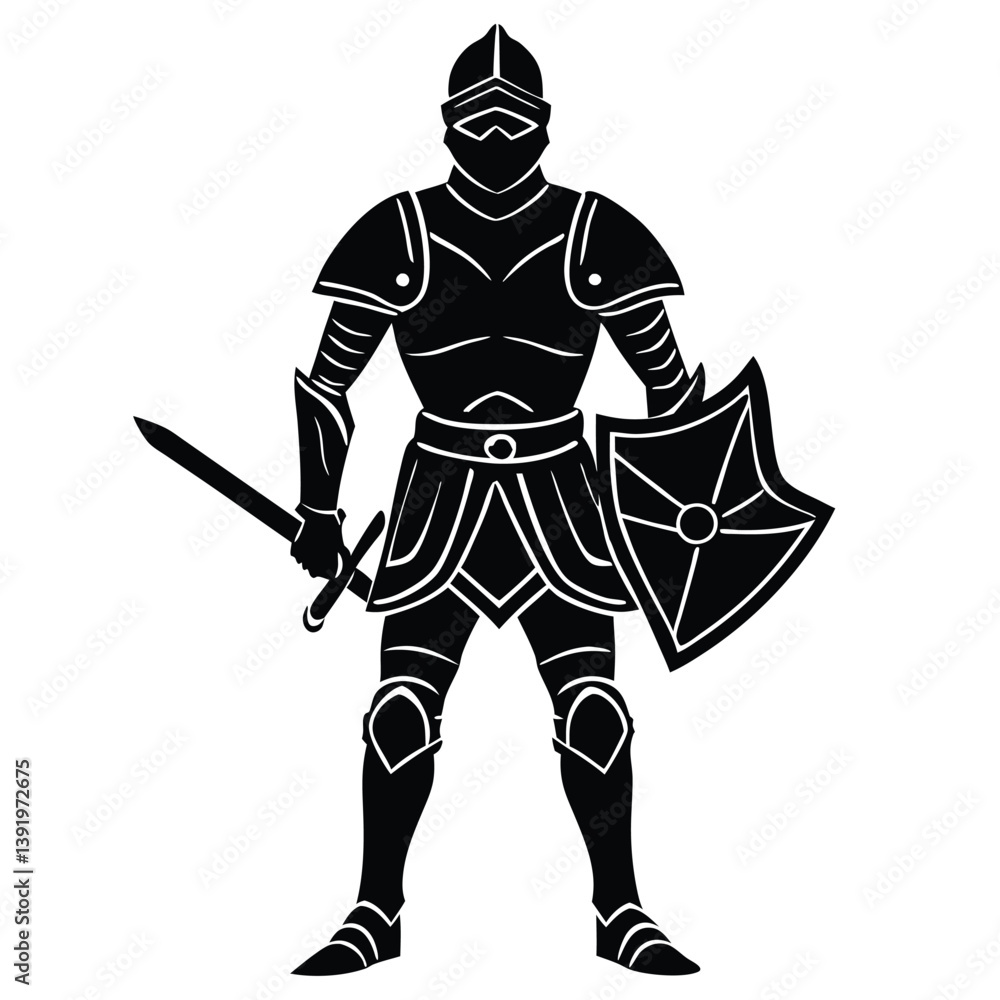 Vector silhouette of a medieval knight in armor holding a sword and shield, standing confidently, white background Vector silhouette of a medieval knight in armor holding a sword and shield, standing confidently, white background