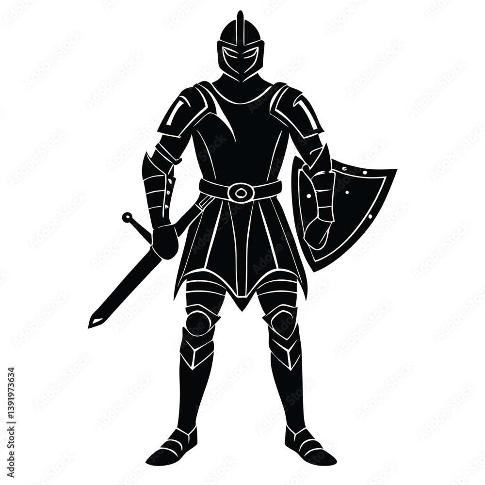 Vector silhouette of a medieval knight in armor holding a sword and shield, standing confidently, white background Vector silhouette of a medieval knight in armor holding a sword and shield, standing confidently, white background