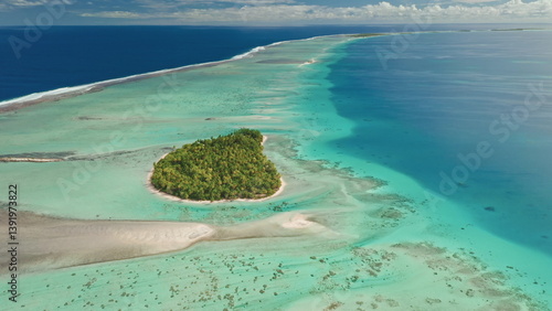 Obraz na płótnie This stunning vista showcases a tropical island lush with greenery, surrounded by clear turquoise waters. Coral reefs are visible beneath the surface, providing a breathtaking view of nature's beauty. w salonie