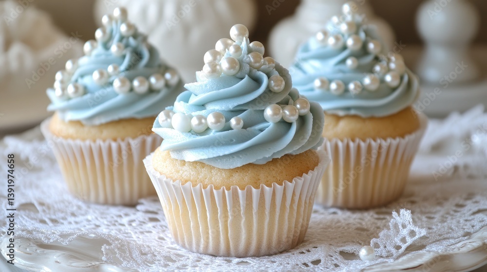 Elegant cupcakes topped with soft blue frosting and edible pearls, resting on vintage lace, perfect for a celebratory occasion or special event. Elegant cupcakes topped with soft blue frosting and edible pearls, resting on vintage lace, perfect for a celebratory occasion or special event.