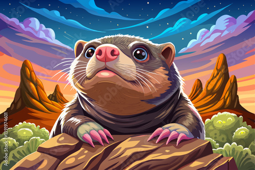 Mole portrait on an alien rock formation desert under a strange colored sky, animal banner