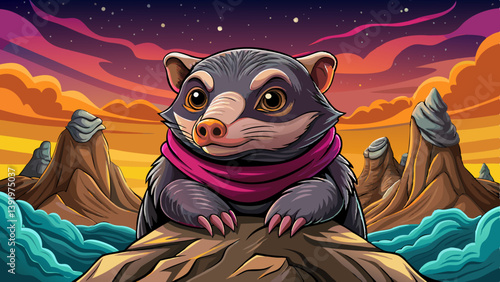 Mole portrait on an alien rock formation desert under a strange colored sky, animal banner