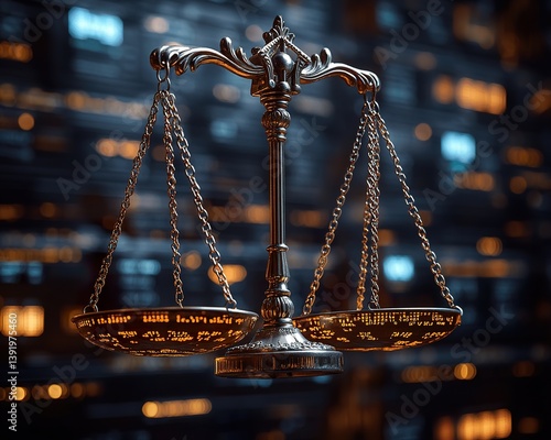 A digital balance scale weighing corporate stock values, dynamically shifting to reflect changing market capitalization in a high-tech setting.