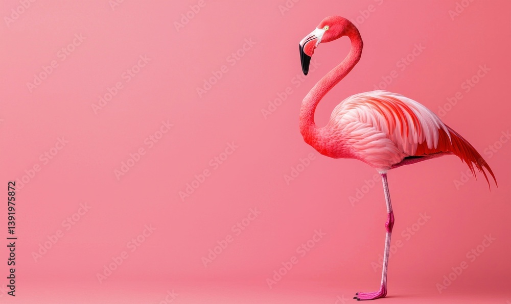 Fototapeta premium A vibrant pink flamingo stands tall against a matching monochrome backdrop, exuding tropical elegance.