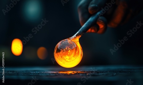 A glassblower skillfully shapes molten glass with a metal tool, the fiery glow illuminating the workshop.
