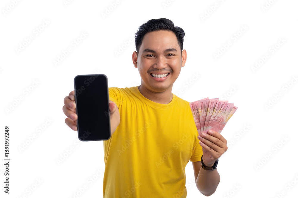 Happy handsome Asian man holding mobile phone with blank screen and money isolated on transparent background Happy handsome Asian man holding mobile phone with blank screen and money isolated on transparent background