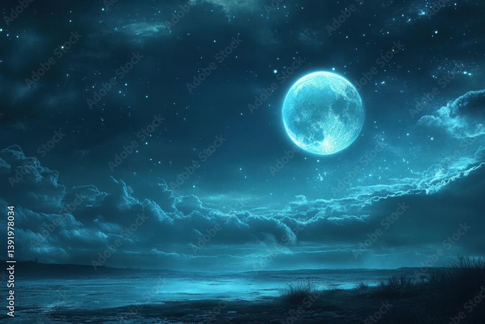 Night sky, moonlit shore Night sky, moonlit shore