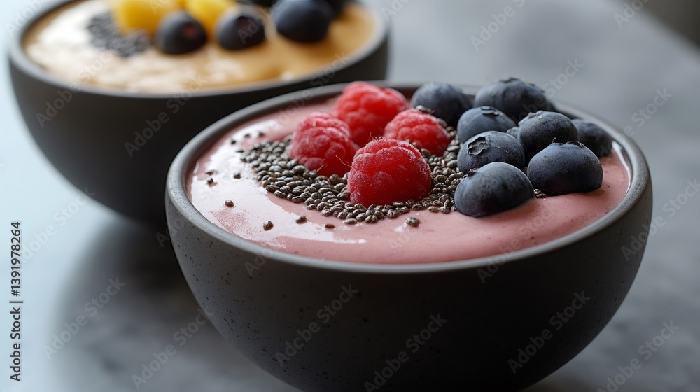 Two smoothie bowls with chia seeds, raspberries and blueberries Two smoothie bowls with chia seeds, raspberries and blueberries