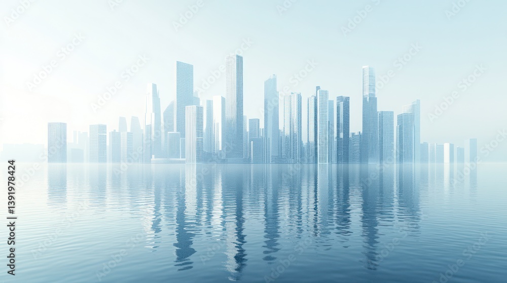 City skyline reflected in calm water, tranquil, modern, digital art, possible use stock photo City skyline reflected in calm water, tranquil, modern, digital art, possible use stock photo