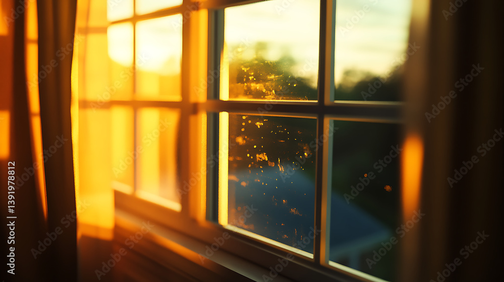 Fototapeta premium Golden sunset view through a window with curtains