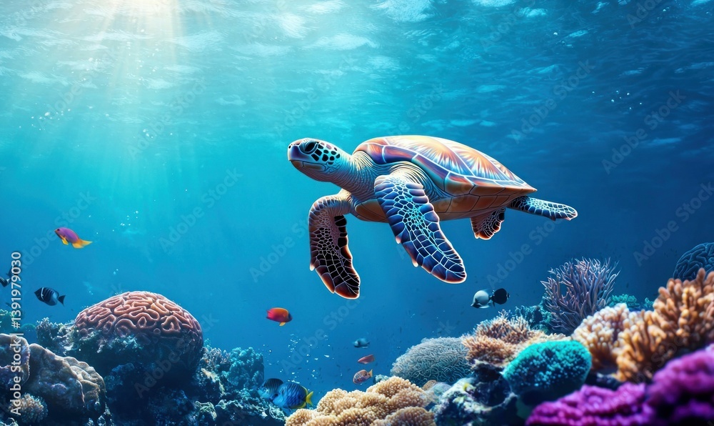Fototapeta premium A beautiful sea turtle gracefully swims through a vibrant coral reef under shimmering sunlight.