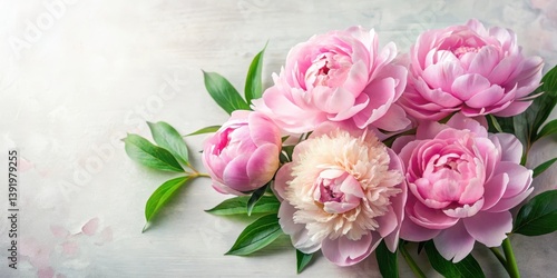 Fototapeta Naklejka Na Ścianę i Meble -  Soft pink peonies against a white background with delicate green leaves and subtle texture , peonies, background,  peonies