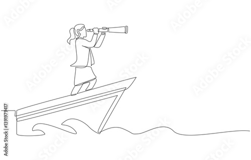 Continuous one line drawing of businesswoman standing on the bow of boat looking forward through telescope, leadership and business opportunity concept, single line art