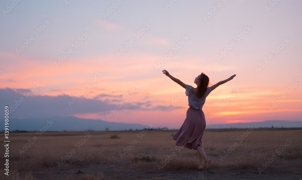 Obraz premium Asian woman dancing in an open field at sunset, Generative AI