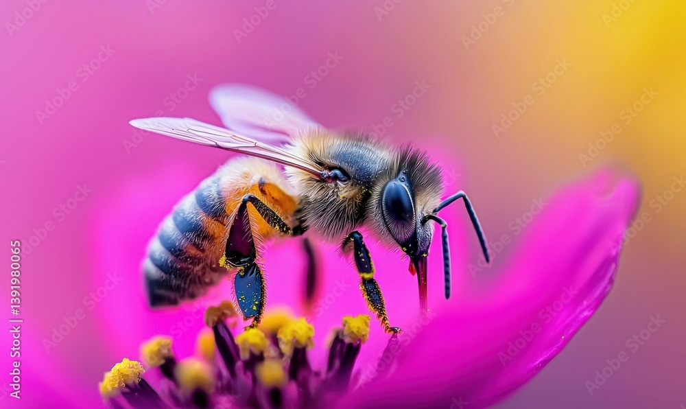 A busy honeybee diligently collects nectar from a bright pink flower in a stunning macro shot. A busy honeybee diligently collects nectar from a bright pink flower in a stunning macro shot.