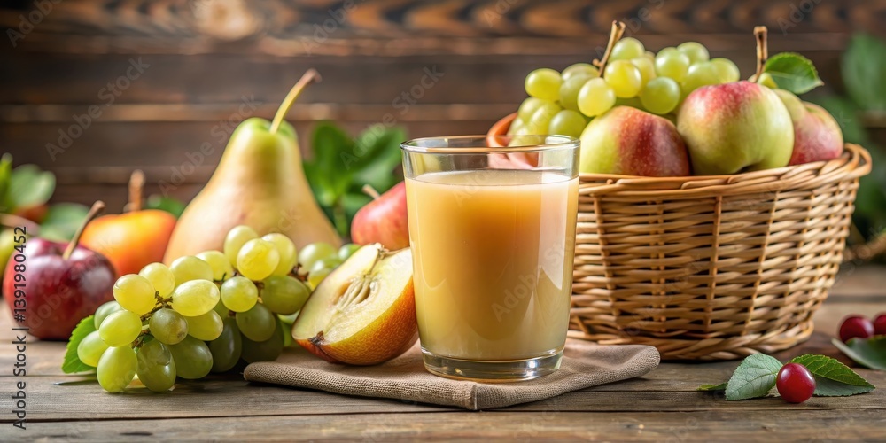 Freshly squeezed pear juice with sliced apples and grapes in a glass, juice, fruit basket