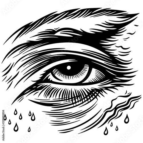 Artistic Black and White Eye Illustration with Tear Drops and Lines