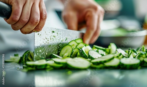 Close-up of a chef slicing fresh cucumbers with a sharp knife on a metal kitchen counter.