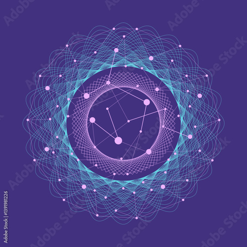 Abstract blue flower fractal circles background for quantum global data integration, pink connected dots, sphere lines outline wireframe, technology, AI data, energy vibration in space wallpaper